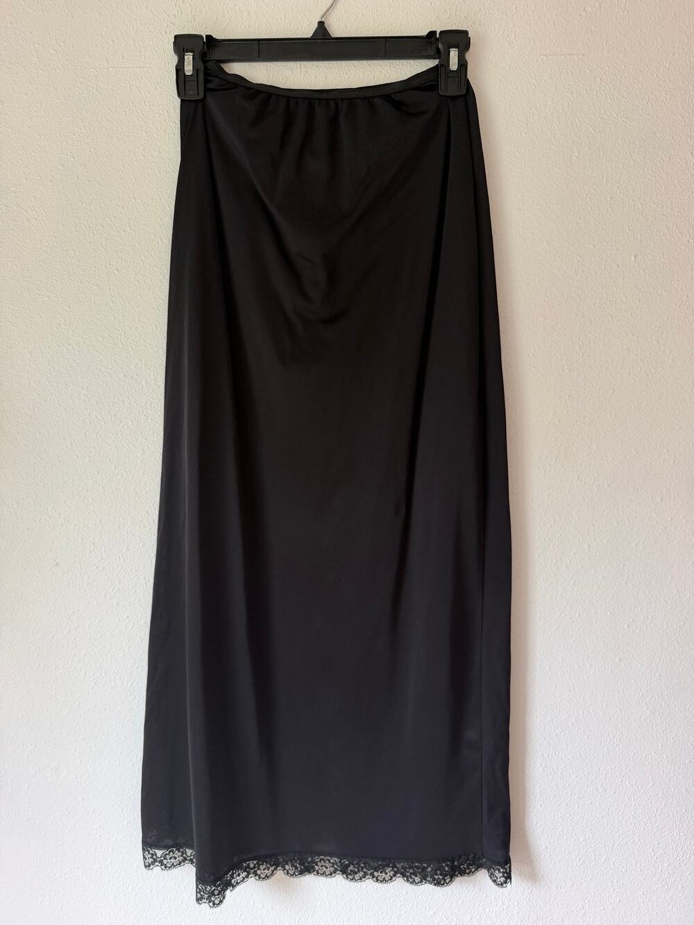 Vintage Lorraine Black Lace Trim Romantic Dress Slip Skirt Slit in Back Sz Small